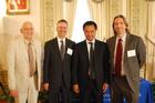 Professor David Hirschmann, Dean James M. Goldgeier, His Excellency Ambassador Dino Djalal of Indonesia, and John Prendergast, SIS/MA ' 90. Photo by Annie Lyon.